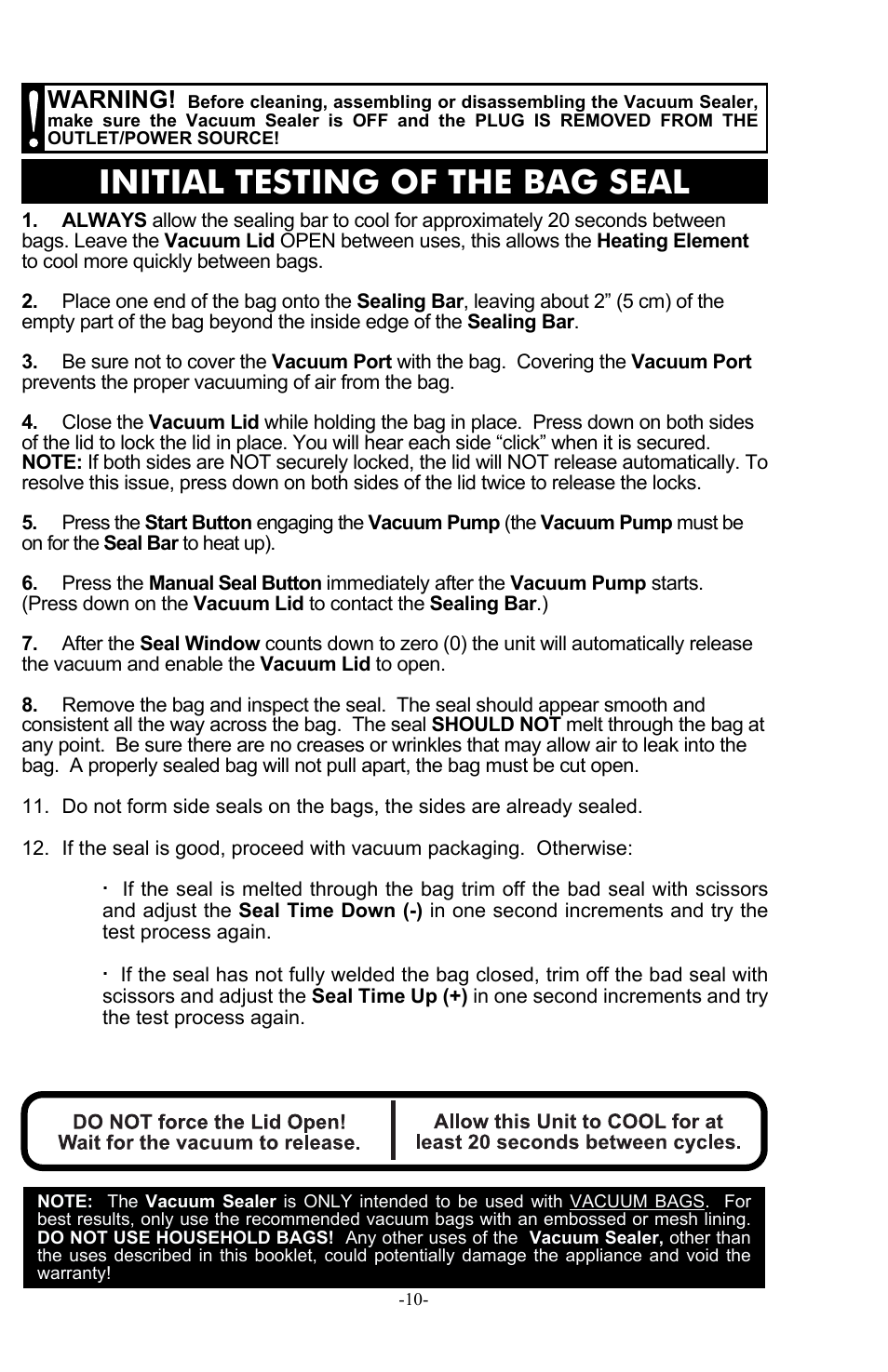 Initial testing of the bag seal, Warning | Weston Pro 1100 Vacuum Sealer User Manual | Page 11 / 60