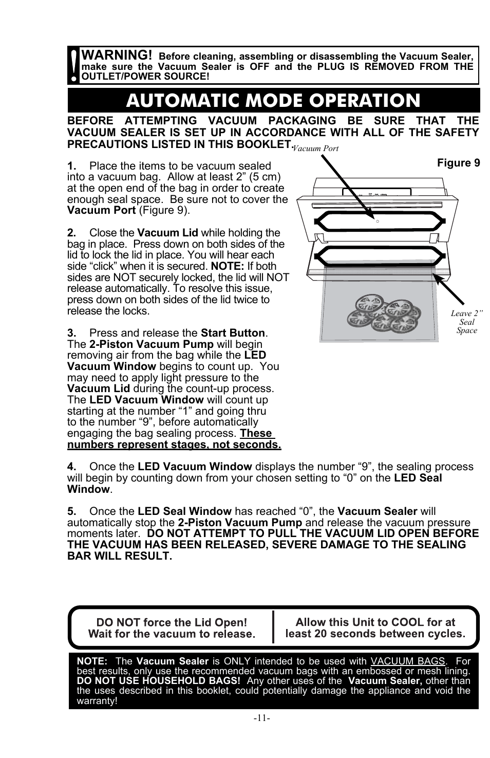 Automatic mode operation, Warning | Weston Pro 1100 Vacuum Sealer User Manual | Page 12 / 60