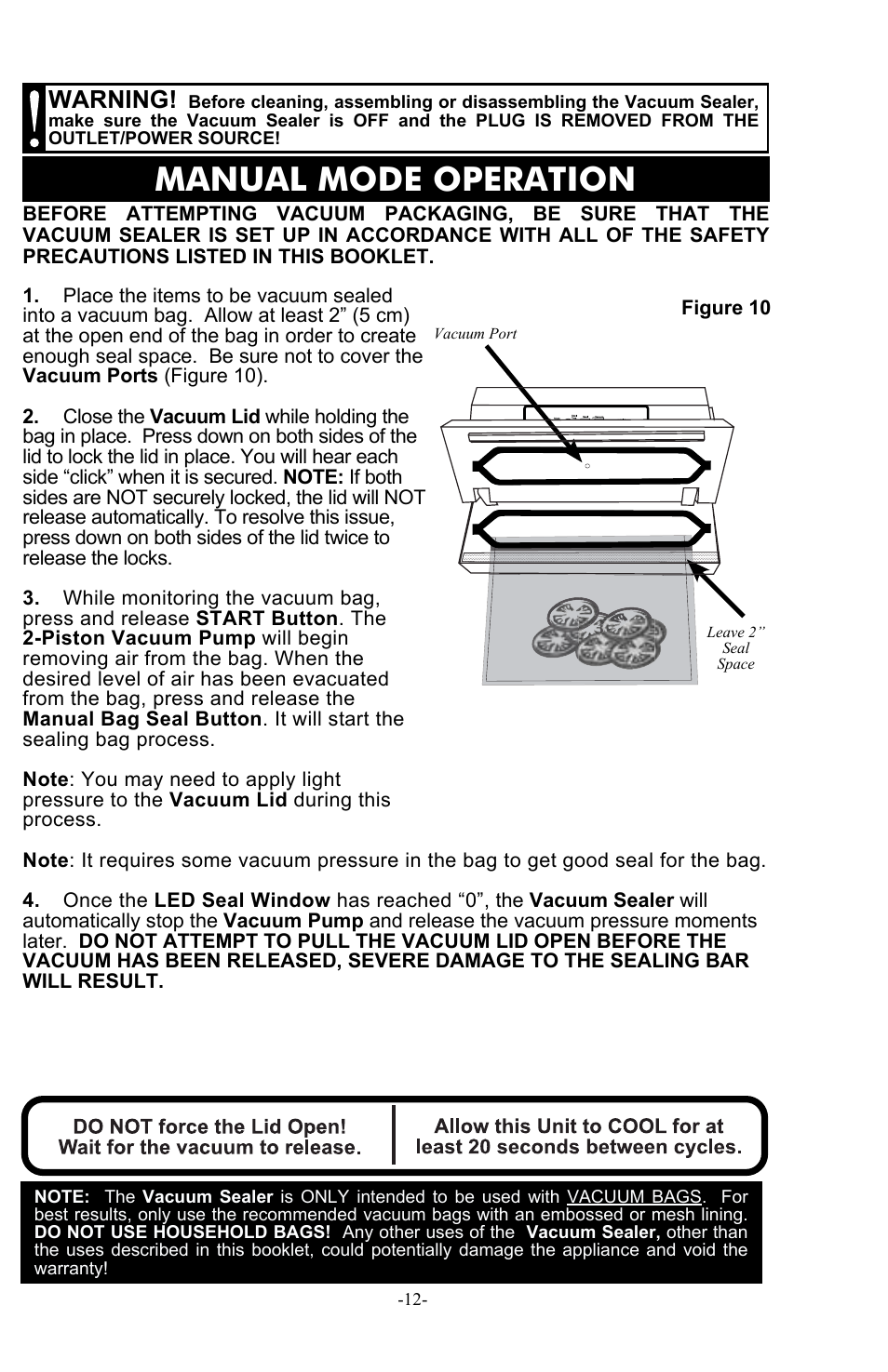 Manual mode operation, Warning | Weston Pro 1100 Vacuum Sealer User Manual | Page 13 / 60