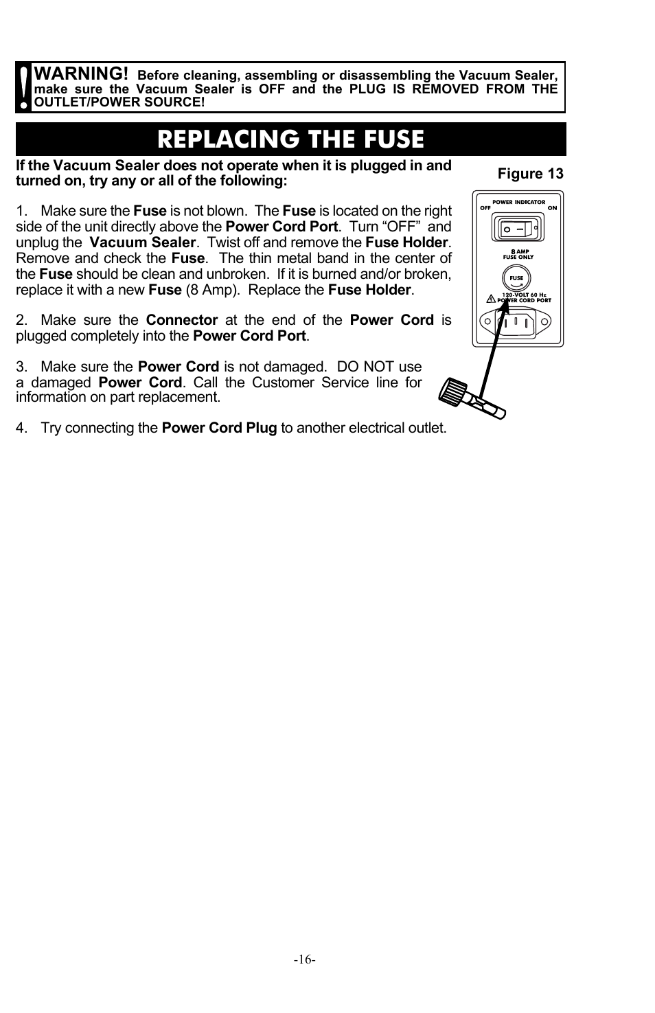 Replacing the fuse, Warning | Weston Pro 1100 Vacuum Sealer User Manual | Page 17 / 60