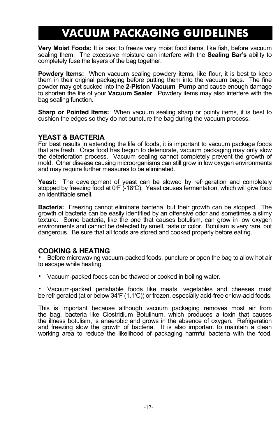 Vacuum packaging guidelines | Weston Pro 1100 Vacuum Sealer User Manual | Page 18 / 60