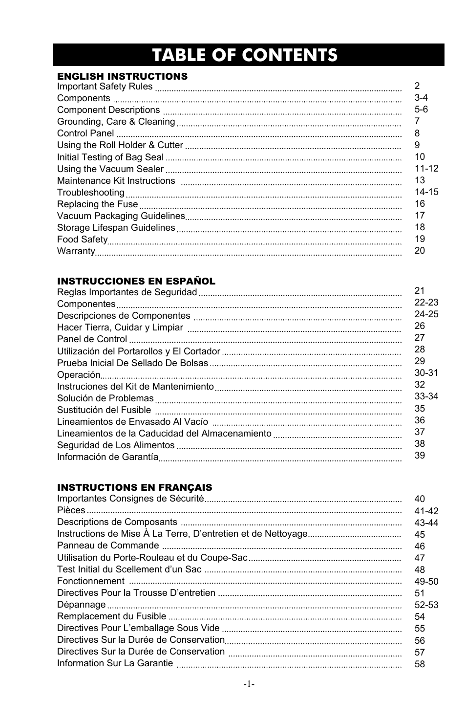 Weston Pro 1100 Vacuum Sealer User Manual | Page 2 / 60