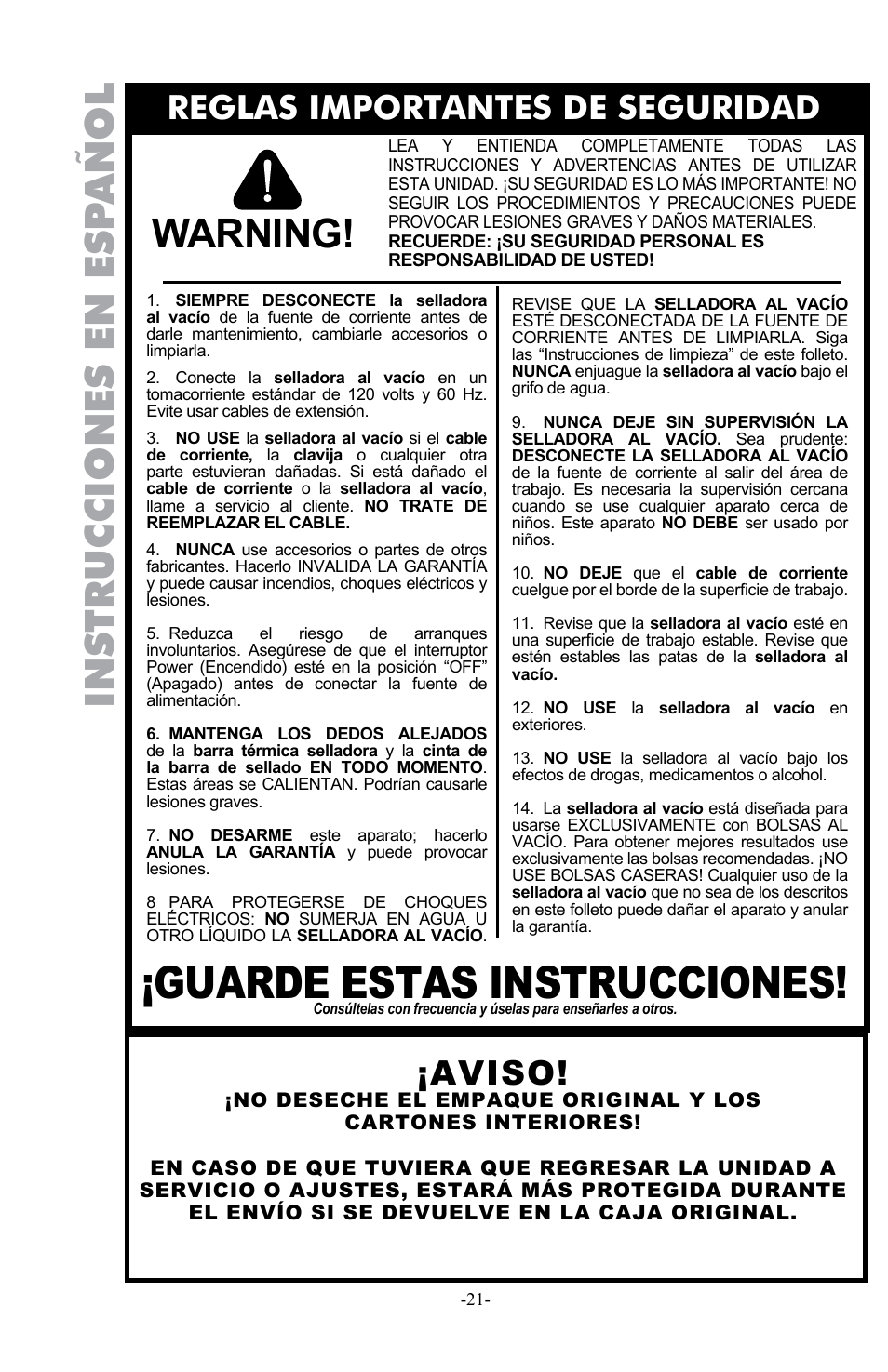 Guarde estas instrucciones, Warning, Instrucciones en esp añol | Reglas importantes de seguridad, Aviso | Weston Pro 1100 Vacuum Sealer User Manual | Page 22 / 60