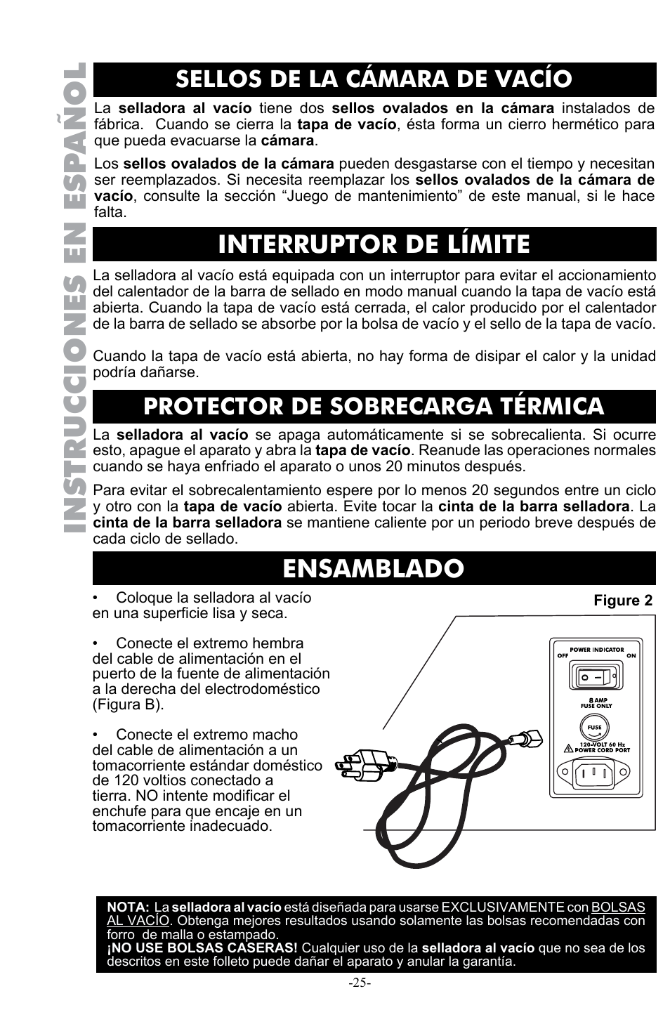 Instrucciones en esp añol, Interruptor de límite, Ensamblado | Sellos de la cámara de vacío, Protector de sobrecarga térmica | Weston Pro 1100 Vacuum Sealer User Manual | Page 26 / 60