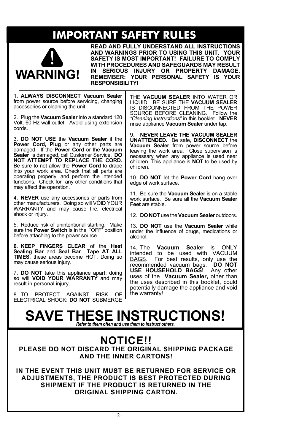 Save these instructions, Warning, Important safety rules notice | Weston Pro 1100 Vacuum Sealer User Manual | Page 3 / 60