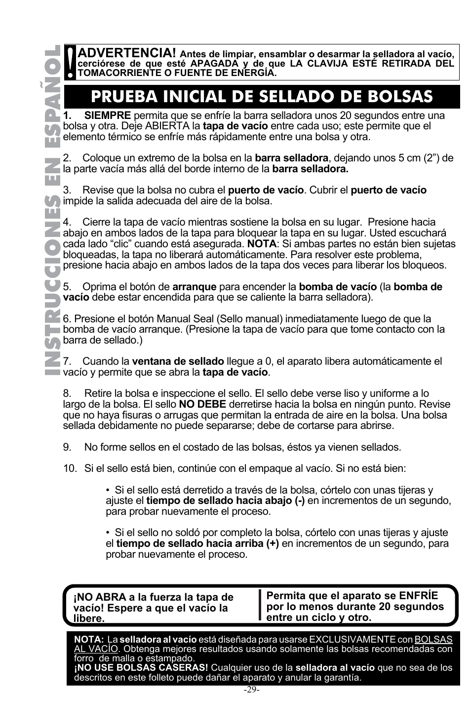 Instrucciones en esp añol, Prueba inicial de sellado de bolsas, Advertencia | Weston Pro 1100 Vacuum Sealer User Manual | Page 30 / 60