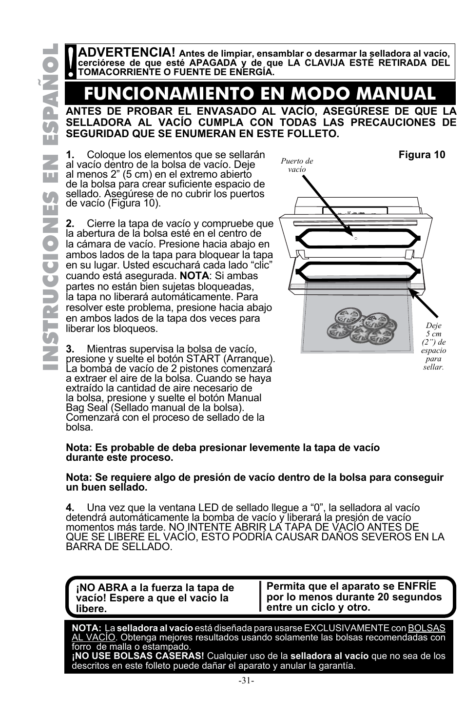 Instrucciones en esp añol, Funcionamiento en modo manual, Advertencia | Weston Pro 1100 Vacuum Sealer User Manual | Page 32 / 60