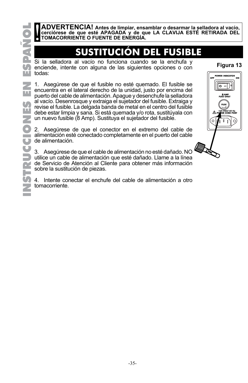 Instrucciones en esp añol, Sustitución del fusible, Advertencia | Weston Pro 1100 Vacuum Sealer User Manual | Page 36 / 60