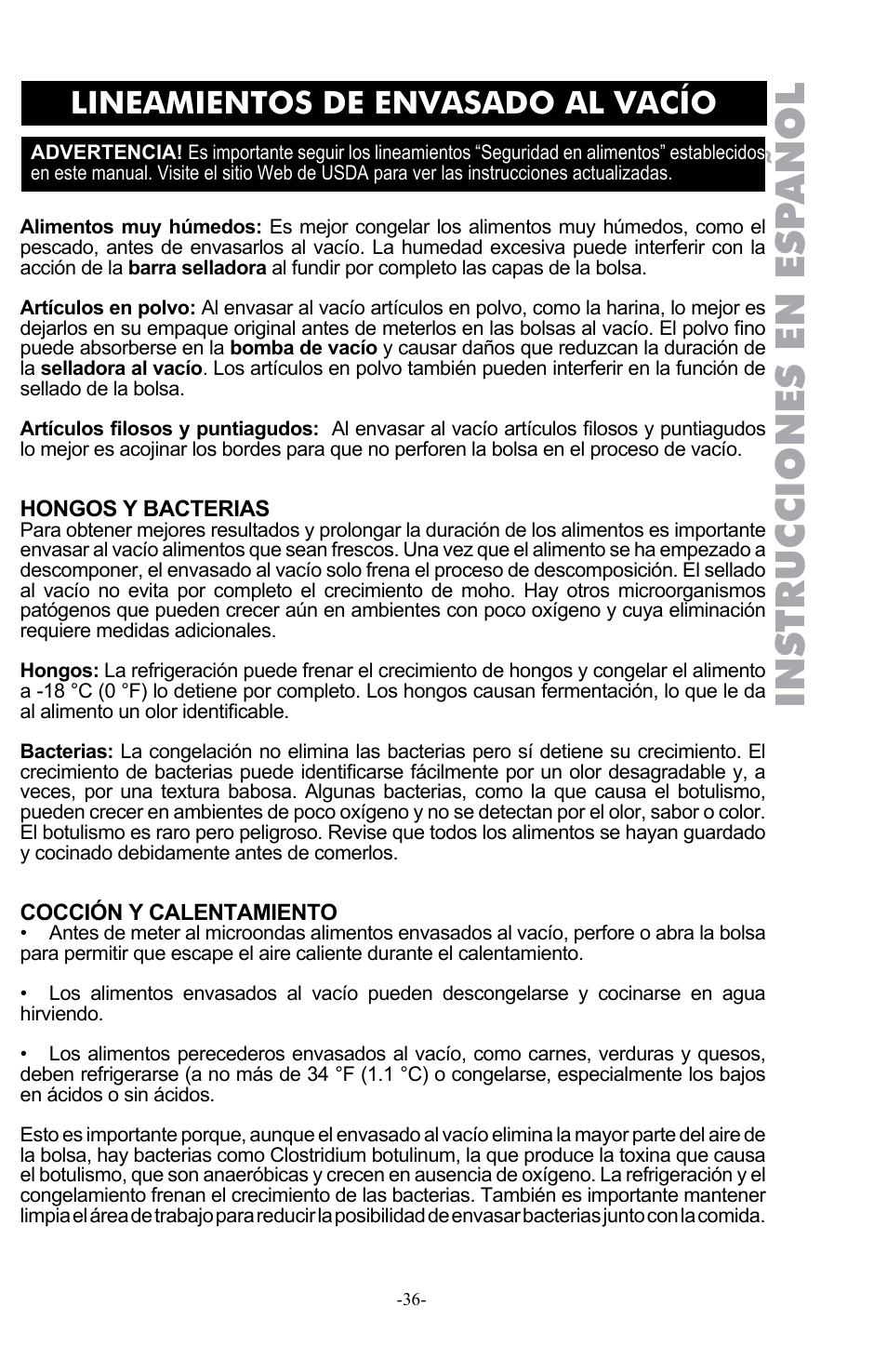 Instrucciones en esp añol, Lineamientos de envasado al vacío | Weston Pro 1100 Vacuum Sealer User Manual | Page 37 / 60