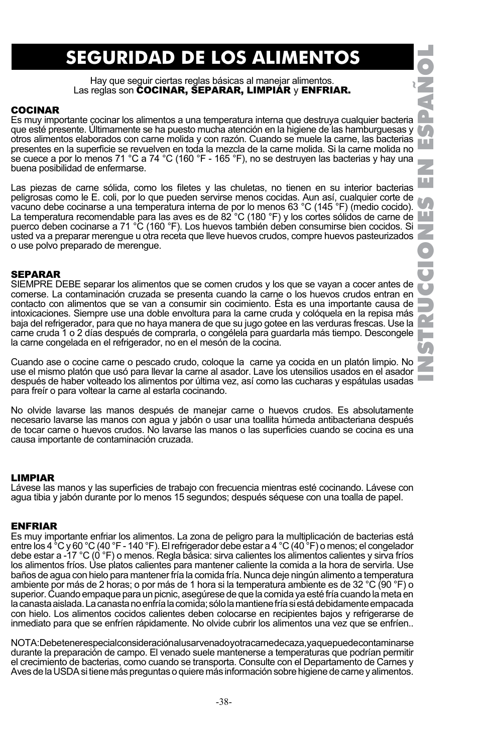 Instrucciones en esp añol, Seguridad de los alimentos | Weston Pro 1100 Vacuum Sealer User Manual | Page 39 / 60