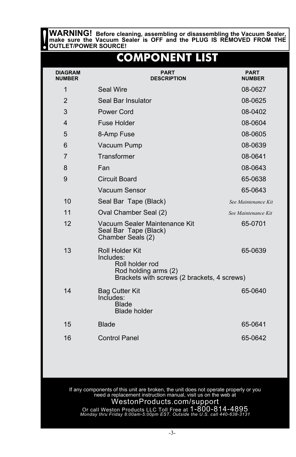 Component list, Warning | Weston Pro 1100 Vacuum Sealer User Manual | Page 4 / 60