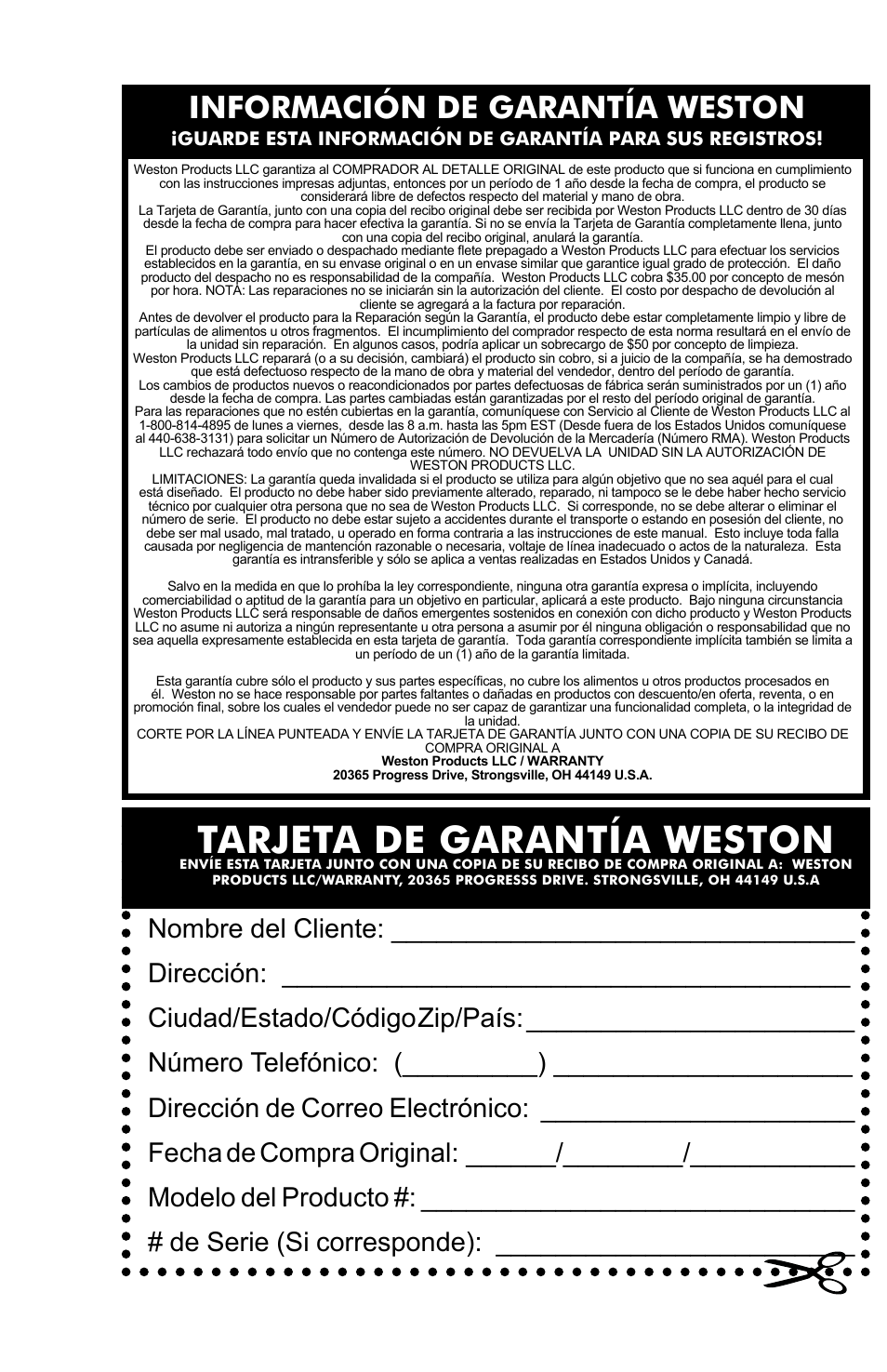 Tarjeta de garantía weston, Información de garantía weston | Weston Pro 1100 Vacuum Sealer User Manual | Page 40 / 60