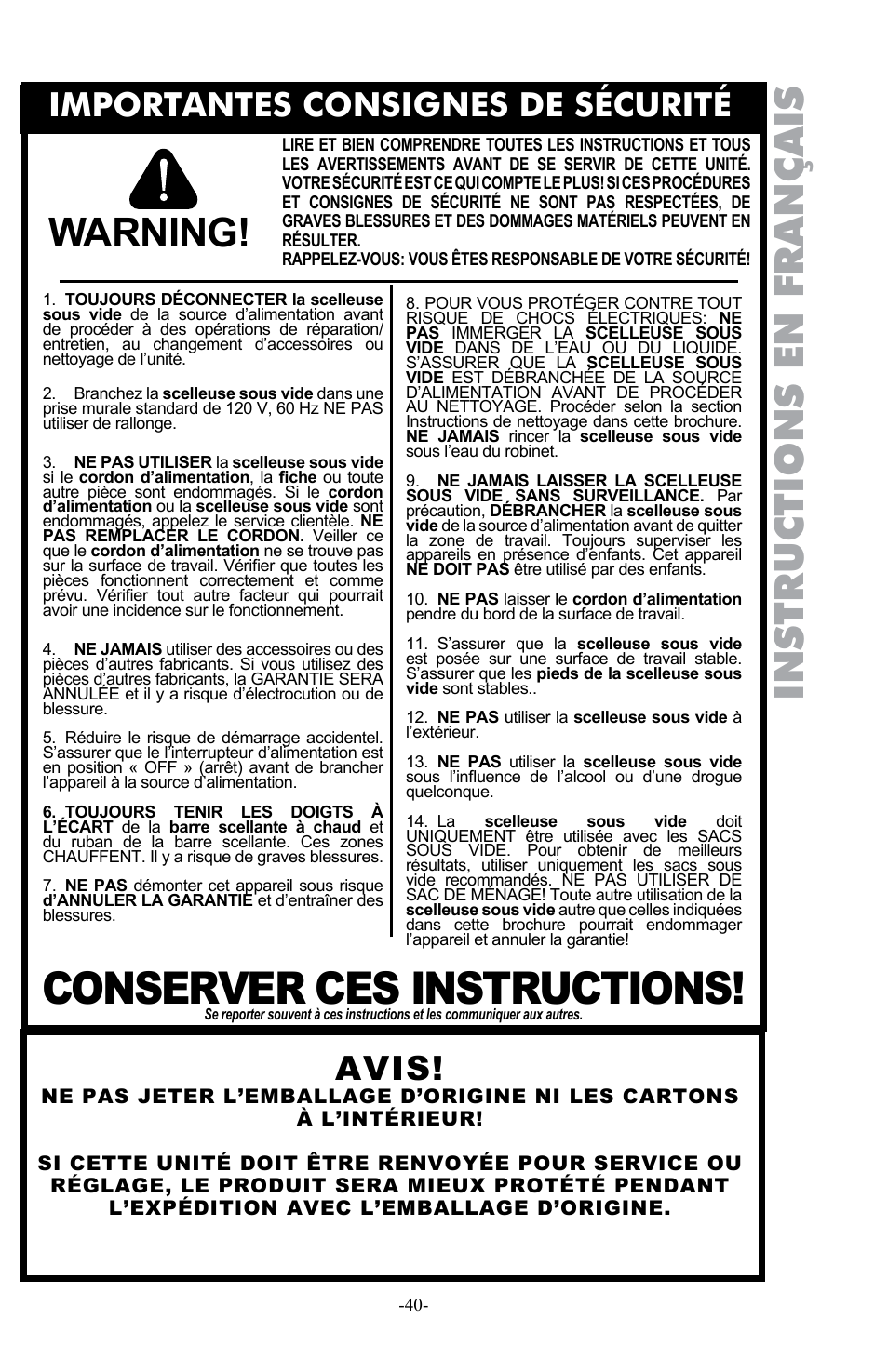 Conserver ces instructions, Warning, Instructions en français | Importantes consignes de sécurité, Avis | Weston Pro 1100 Vacuum Sealer User Manual | Page 41 / 60