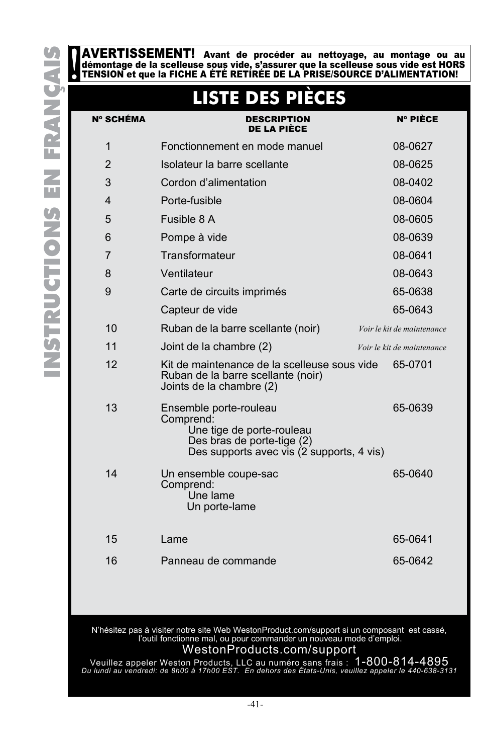 Instructions en français, Liste des pièces, Avertissement | Weston Pro 1100 Vacuum Sealer User Manual | Page 42 / 60