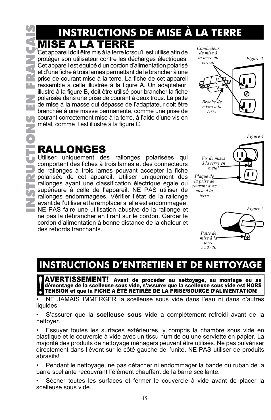 Instructions en français, Mise à la terre, Rallonges | Instructions de mise à la terre, Instructions d’entretien et de nettoyage, Avertissement | Weston Pro 1100 Vacuum Sealer User Manual | Page 46 / 60