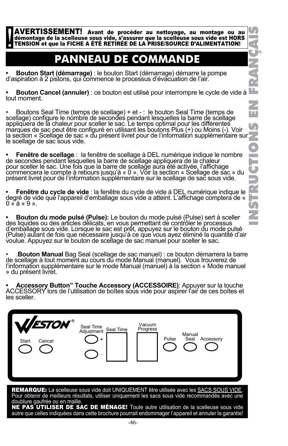 Instructions en français, Panneau de commande, Avertissement | Weston Pro 1100 Vacuum Sealer User Manual | Page 47 / 60