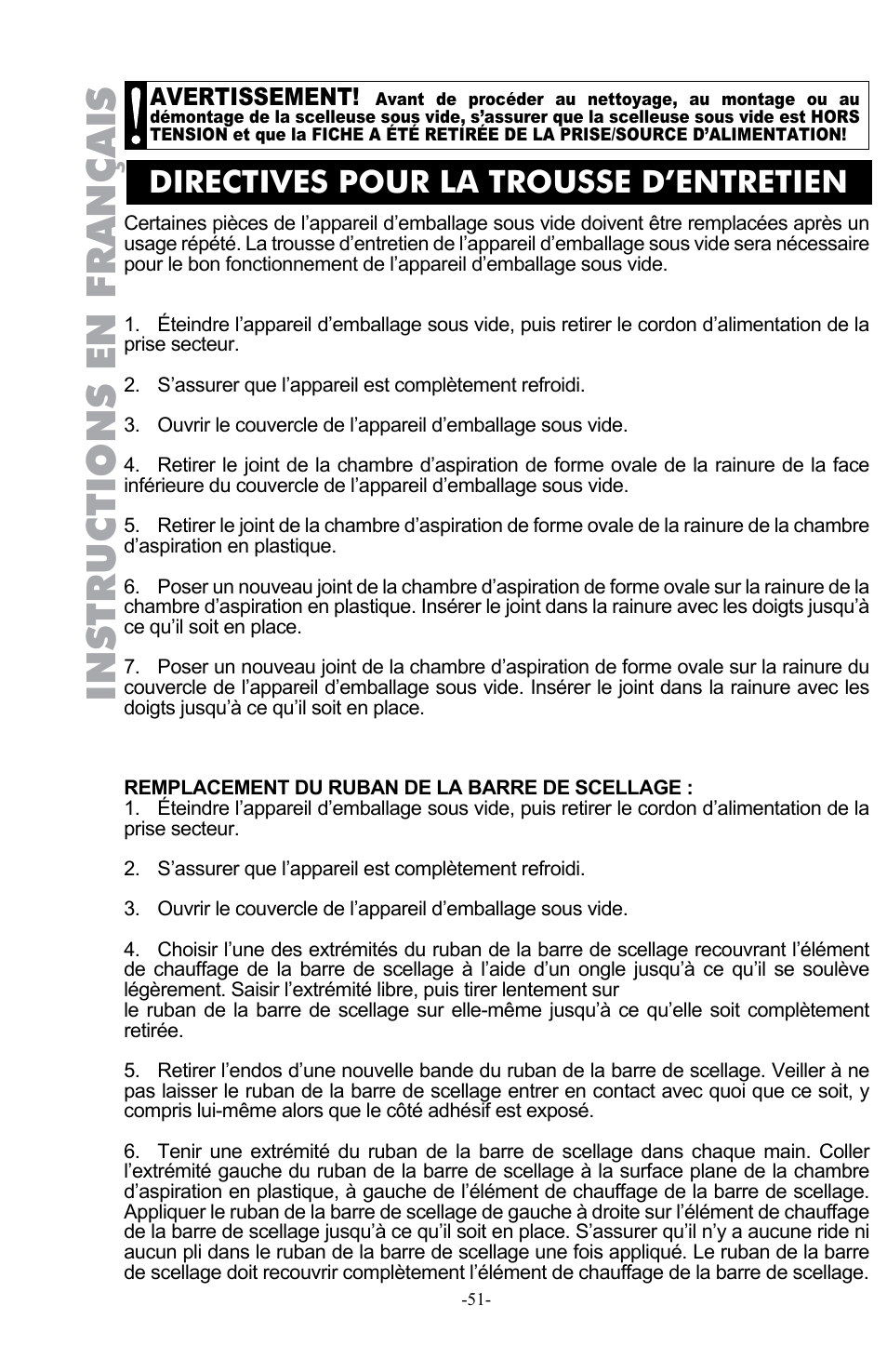 Instructions en français, Directives pour la trousse d’entretien, Avertissement | Weston Pro 1100 Vacuum Sealer User Manual | Page 52 / 60