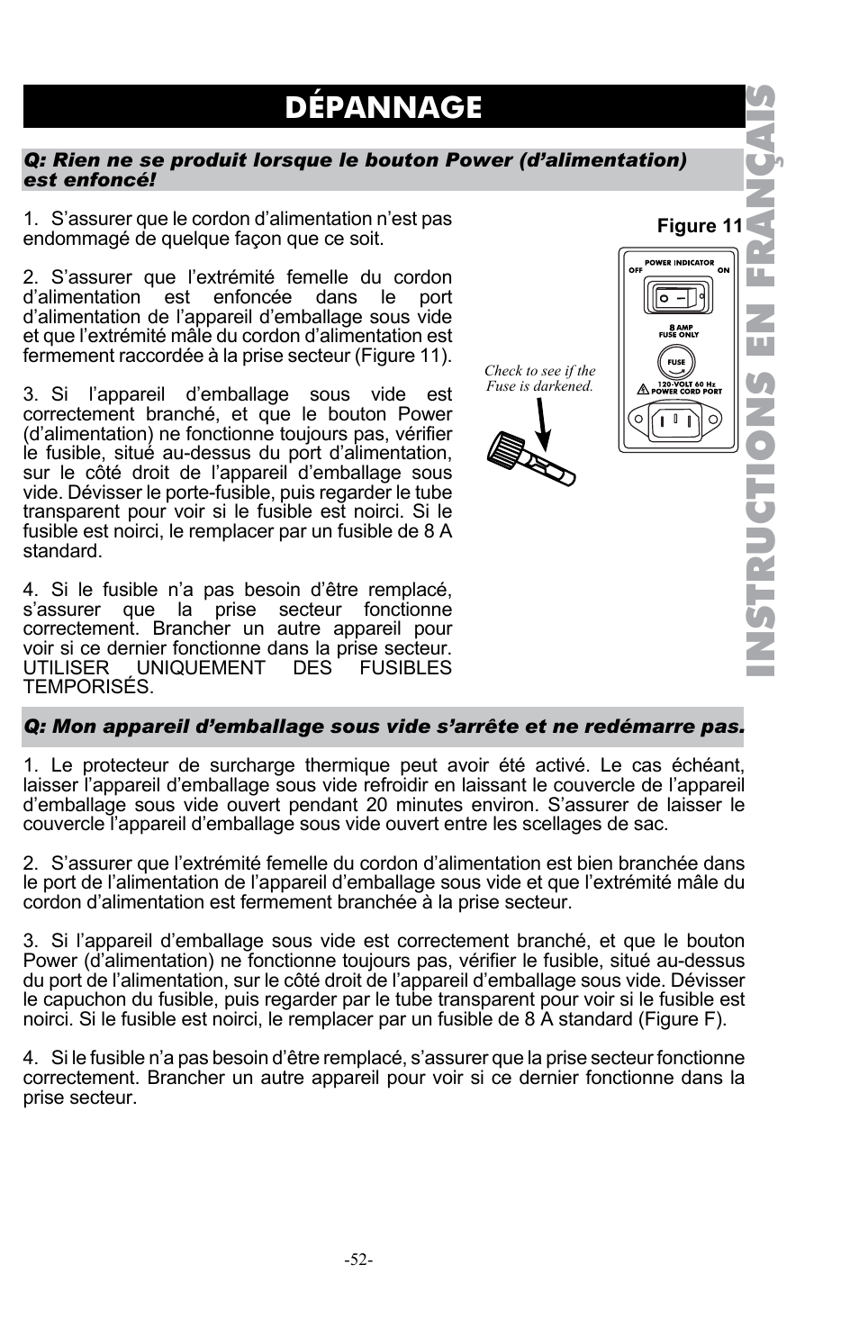 Instructions en français, Dépannage | Weston Pro 1100 Vacuum Sealer User Manual | Page 53 / 60