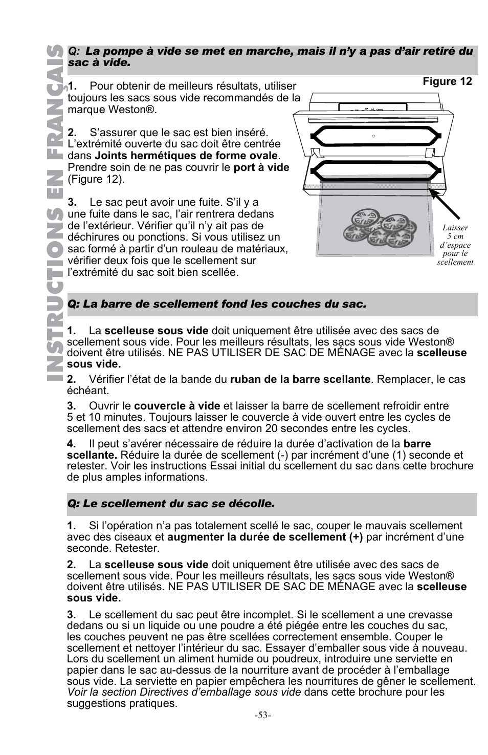 Instructions en français | Weston Pro 1100 Vacuum Sealer User Manual | Page 54 / 60