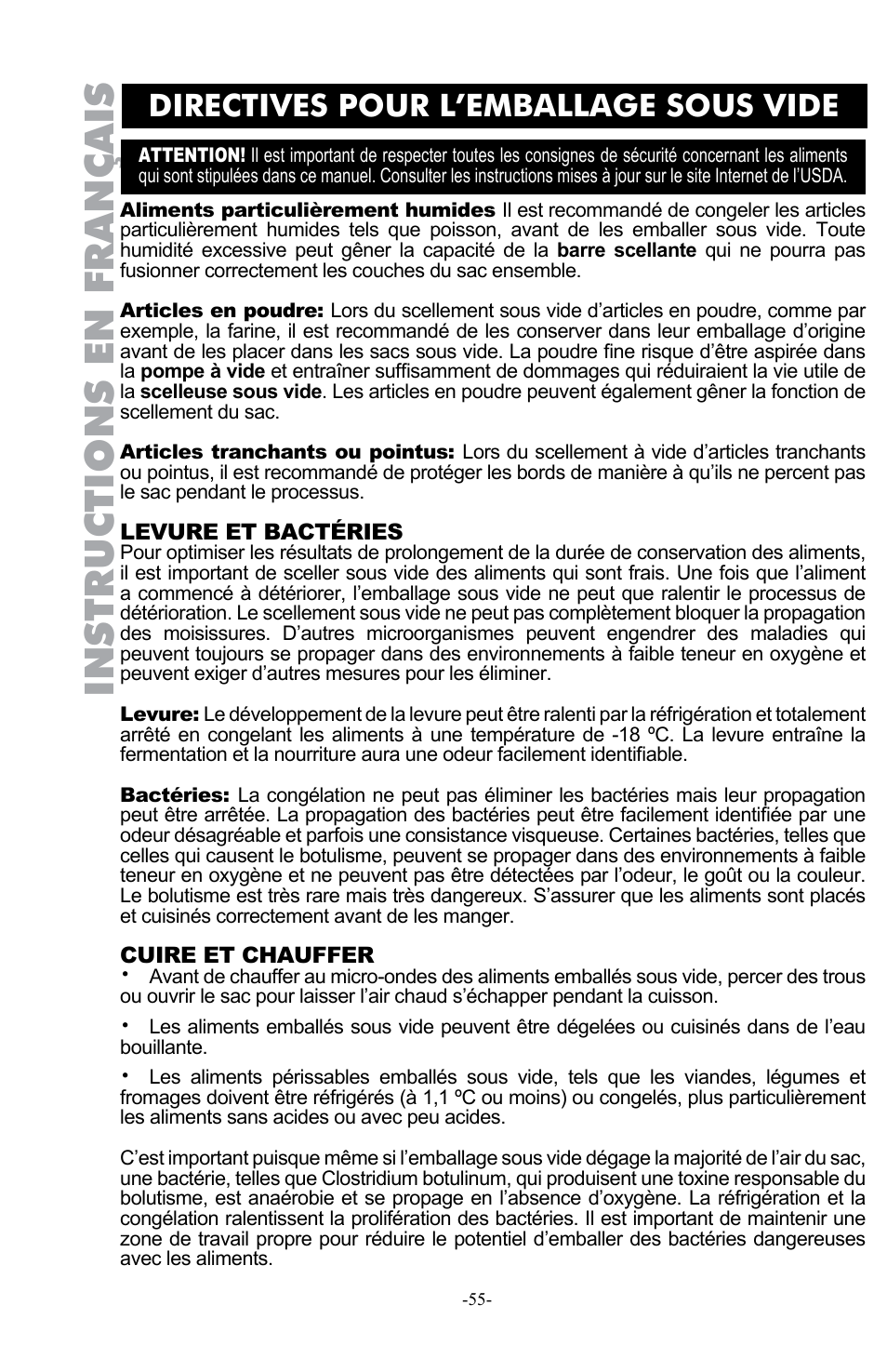 Instructions en français, Directives pour l’emballage sous vide | Weston Pro 1100 Vacuum Sealer User Manual | Page 56 / 60