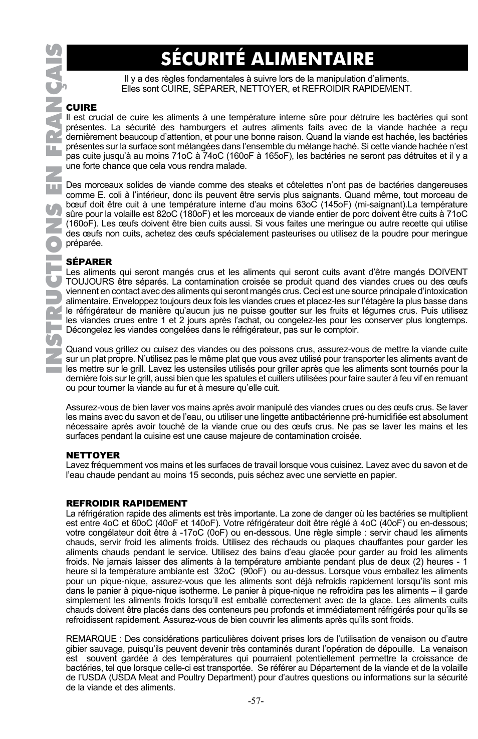 Instructions en français, Sécurité alimentaire | Weston Pro 1100 Vacuum Sealer User Manual | Page 58 / 60