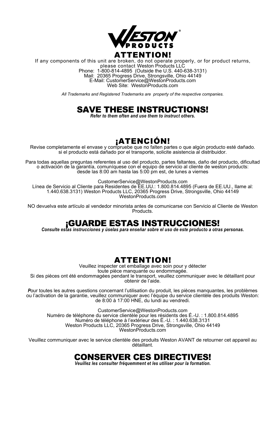 Save these instructions, Guarde estas instrucciones, Conserver ces directives | Attention, Atención | Weston Pro 1100 Vacuum Sealer User Manual | Page 60 / 60