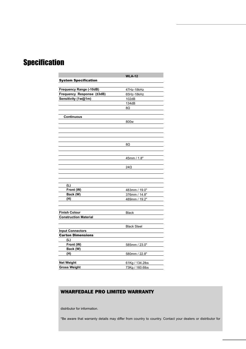 Wla series, Specification, Wharfedale pro limited warranty | Wharfedale Pro WLA Fly Frame User Manual | Page 23 / 24