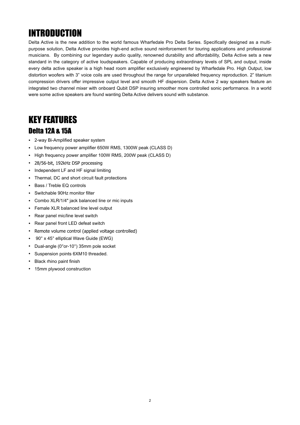 Introduction, Key features, Delta 12a & 15a | Wharfedale Pro Delta 18BA User Manual | Page 4 / 12