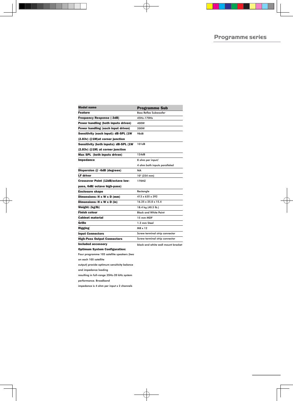Specifications (subwoofer), Programme series | Wharfedale Pro Programme Sub User Manual | Page 17 / 22