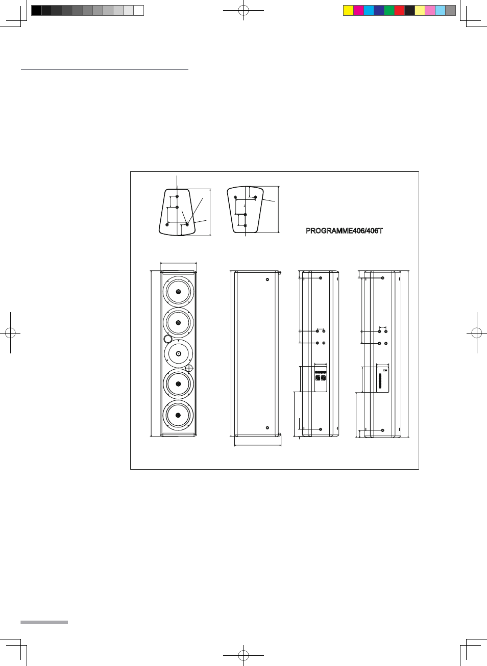 Dimensional drawings, Operating manual and user guide, Bottom view | Top view, Front view, Side view, Rear view, Rear view(pro406t) | Wharfedale Pro Programme Sub User Manual | Page 20 / 22