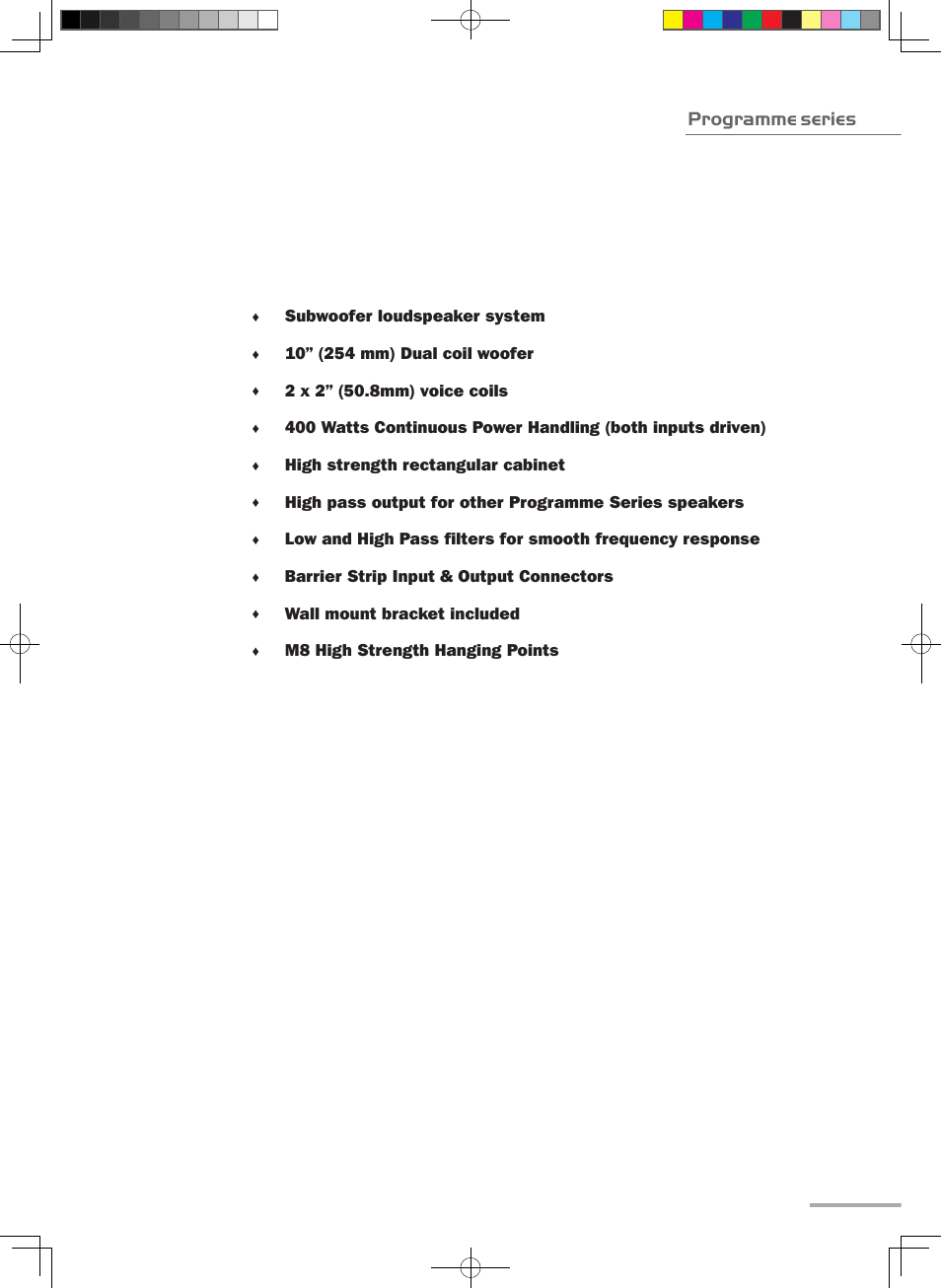 Features (programme subwoofer) | Wharfedale Pro Programme Sub User Manual | Page 7 / 22