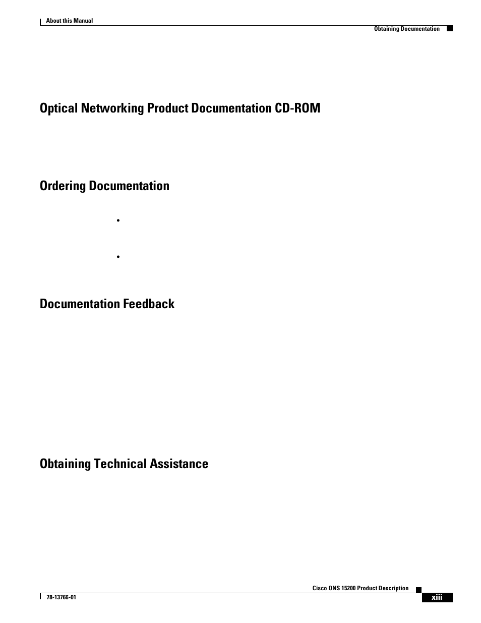 Optical networking product documentation cd-rom, Ordering documentation, Documentation feedback | Obtaining technical assistance | Cisco ONS 15200 User Manual | Page 13 / 74