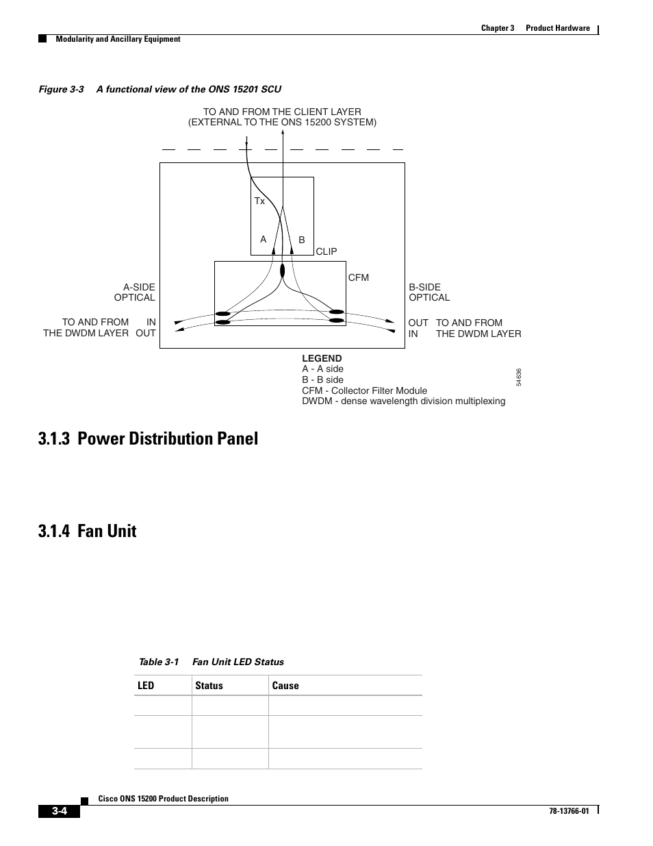 3 power distribution panel, 4 fan unit, 3 power distribution panel | 4 fan unit, Figure 3-3, Table 3-1, Fan unit” section on, Show | Cisco ONS 15200 User Manual | Page 30 / 74