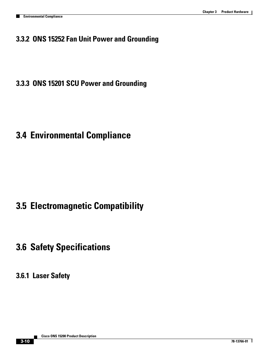 2 ons 15252 fan unit power and grounding, 3 ons 15201 scu power and grounding, 4 environmental compliance | 5 electromagnetic compatibility, 6 safety specifications, 1 laser safety, 2 ons 15252 fan unit power and grounding, 3 ons 15201 scu power and grounding, 4 environmental compliance, 5 electromagnetic compatibility | Cisco ONS 15200 User Manual | Page 36 / 74