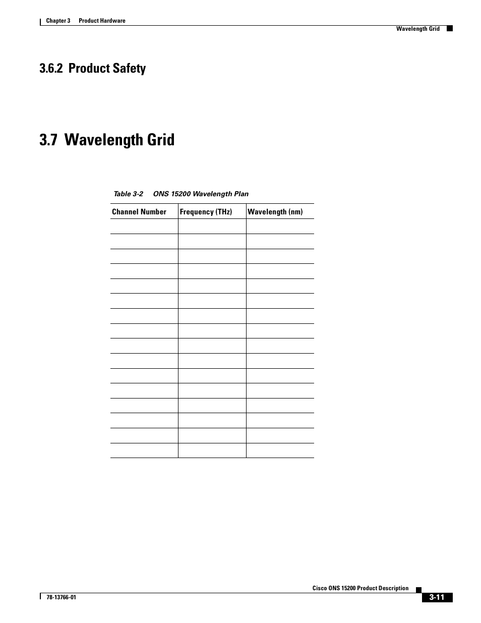 2 product safety, 7 wavelength grid, 2 product safety | 7 wavelength grid, Table 3-2 | Cisco ONS 15200 User Manual | Page 37 / 74