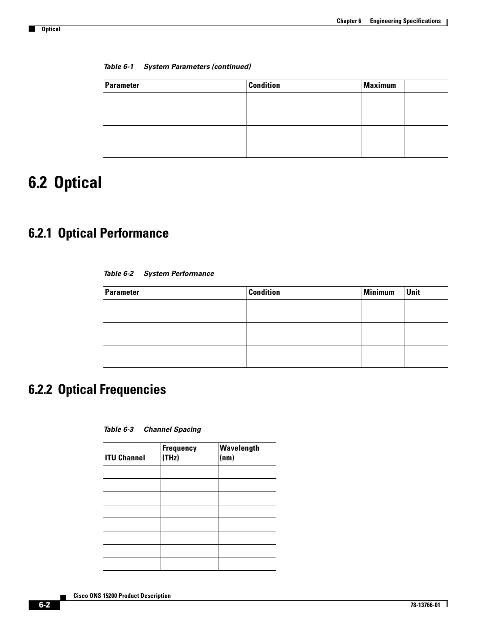 2 optical, 1 optical performance, 2 optical frequencies | 2 optical, 1 optical performance, 2 optical frequencies, Table 6-2, Table 6-3 | Cisco ONS 15200 User Manual | Page 58 / 74