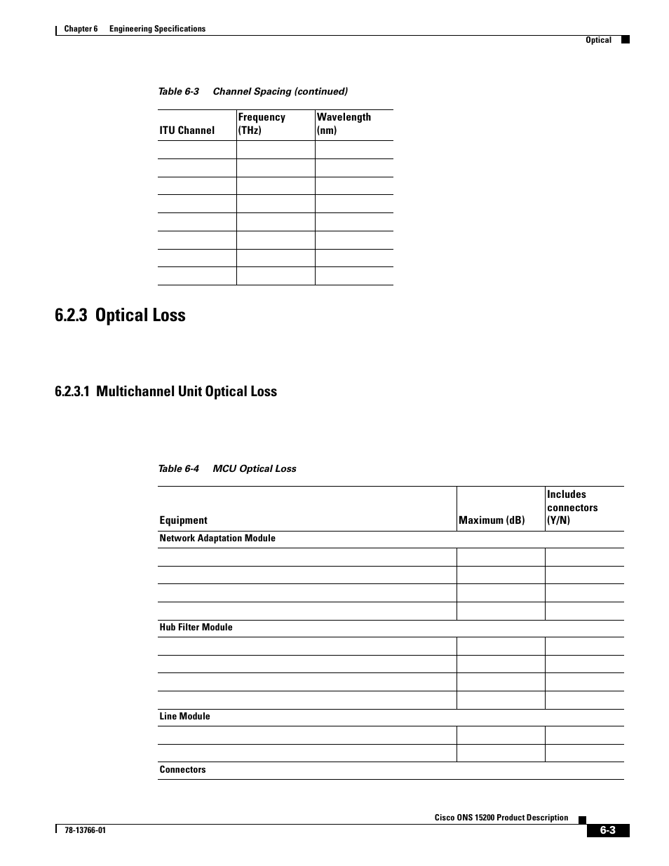 3 optical loss, 3 optical loss, 1 multichannel unit optical loss | Table 6-4 | Cisco ONS 15200 User Manual | Page 59 / 74