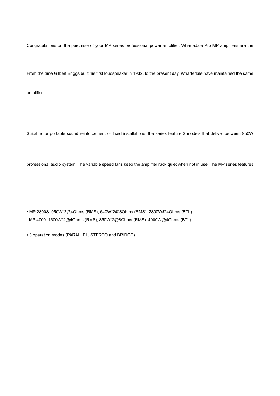 Introduction, About the mp series, Features | Wharfedale Pro MP4000 User Manual | Page 4 / 12
