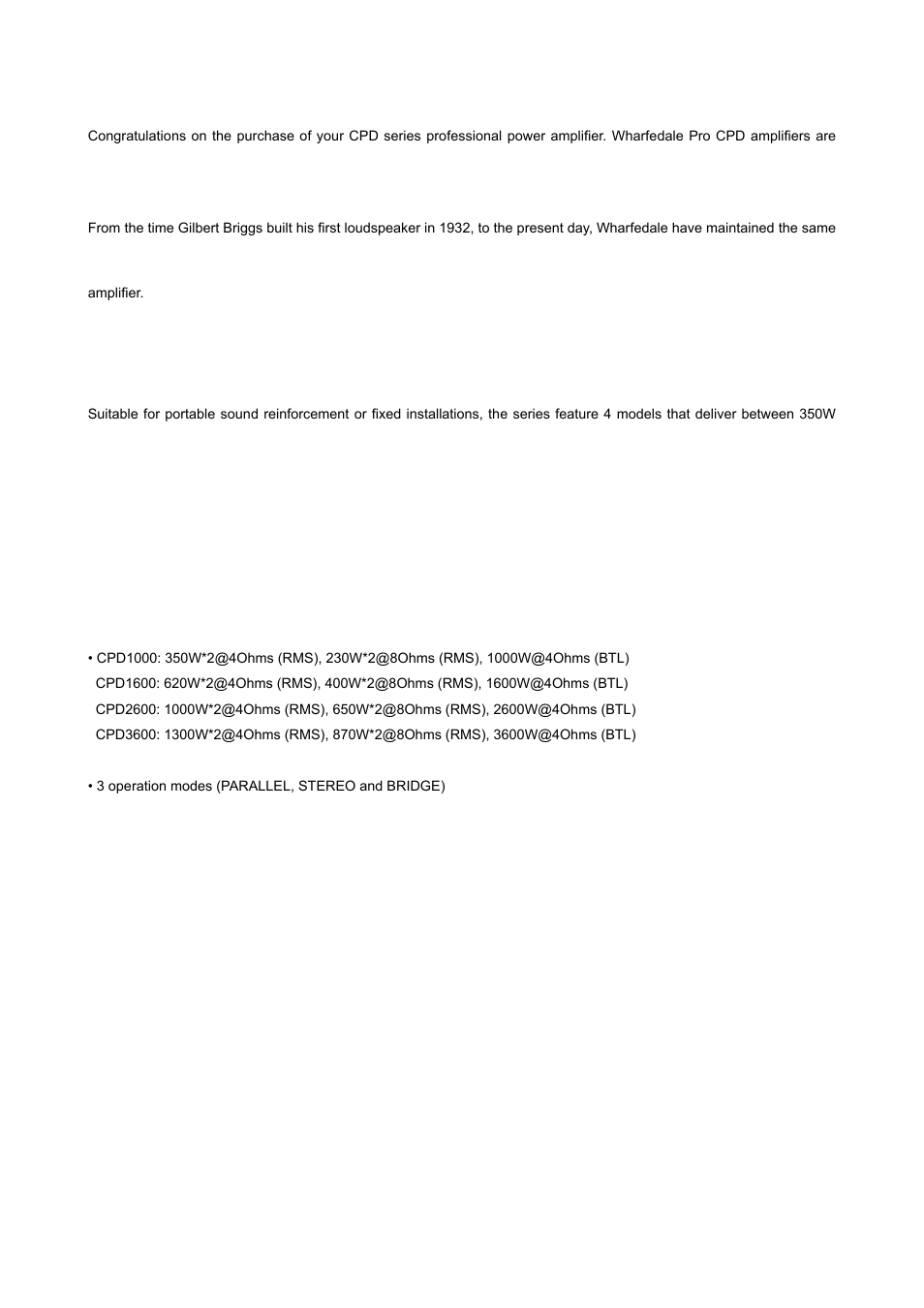 Introduction, About the cpd series, Features | Wharfedale Pro CPD3600 User Manual | Page 4 / 12