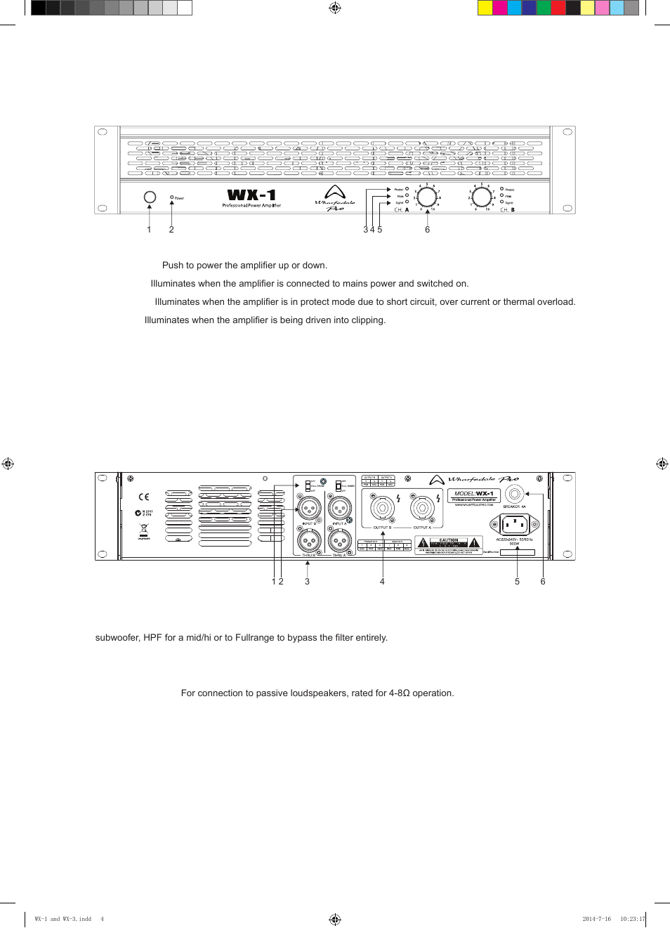 Front panel features and controls, Rear panel – features and controls | Wharfedale Pro WX-3 User Manual | Page 5 / 12