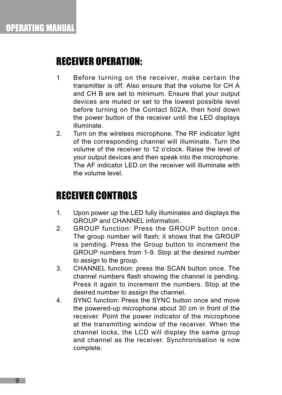 Receiver operation, Receiver controls, Operating manual | Wharfedale Pro Contact 502A User Manual | Page 10 / 16