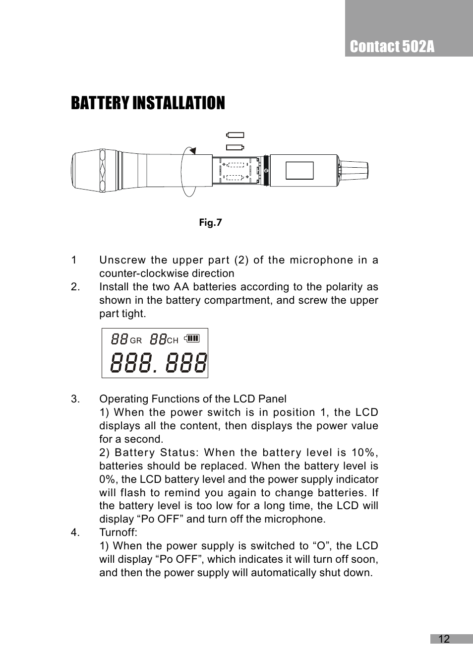 Battery installation, Contact 502a | Wharfedale Pro Contact 502A User Manual | Page 13 / 16