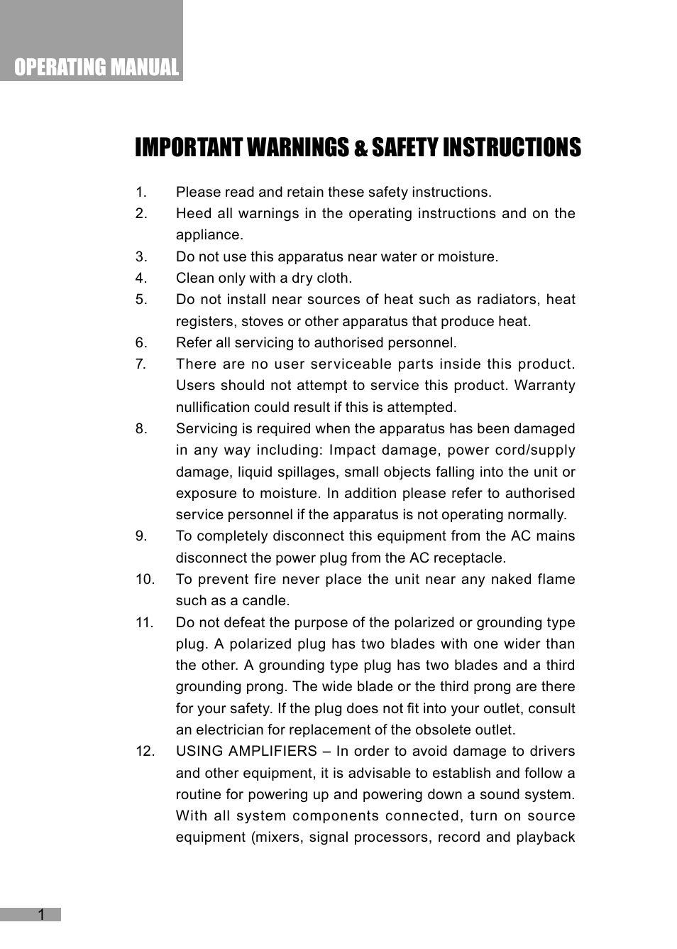 Important warnings & safety instructions, Operating manual | Wharfedale Pro Contact 502A User Manual | Page 2 / 16