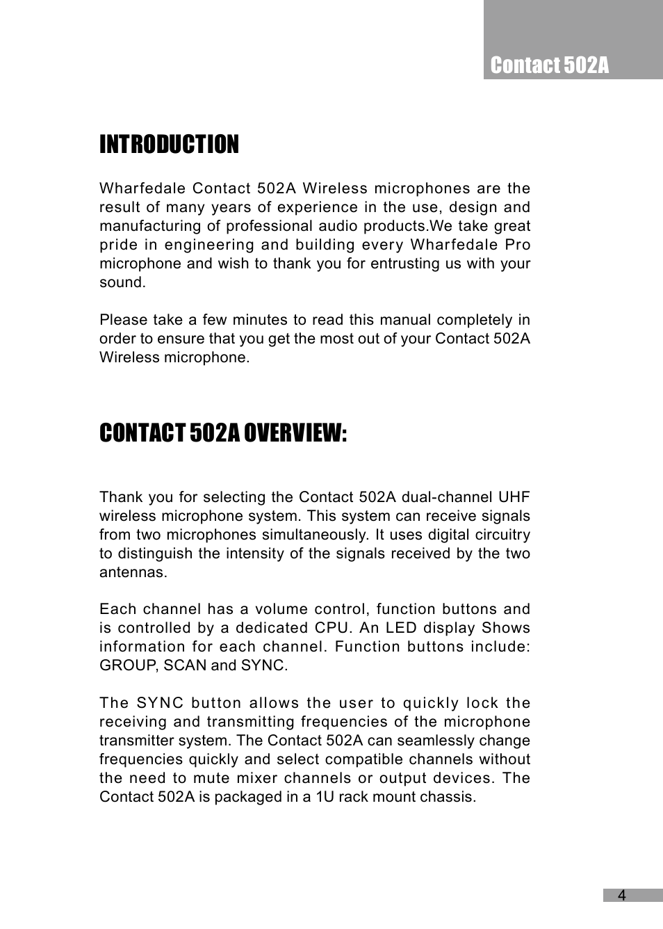 Introduction, Contact 502a overview, Contact 502a | Wharfedale Pro Contact 502A User Manual | Page 5 / 16