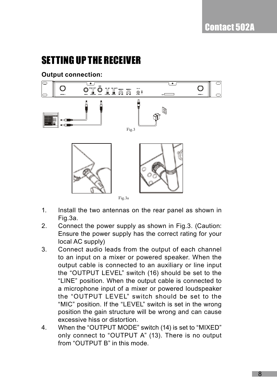 Setting up the receiver, Contact 502a | Wharfedale Pro Contact 502A User Manual | Page 9 / 16