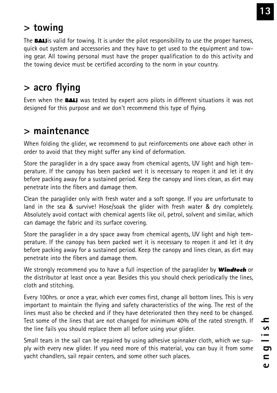 13 > towing, Acro flying, Maintenance | Windtech bali User Manual | Page 13 / 32