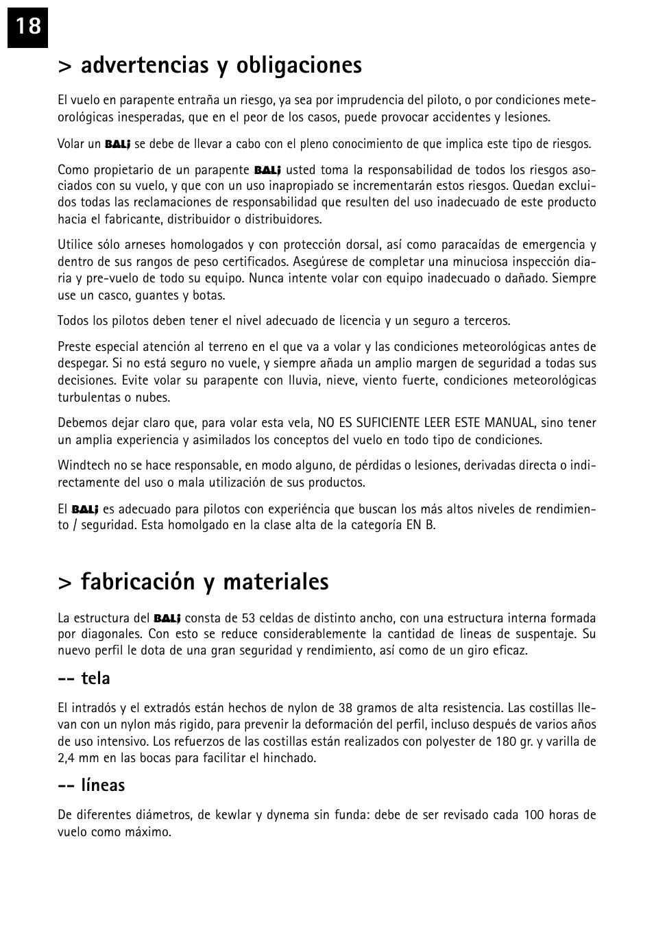 18 > advertencias y obligaciones, Fabricación y materiales | Windtech bali User Manual | Page 18 / 32