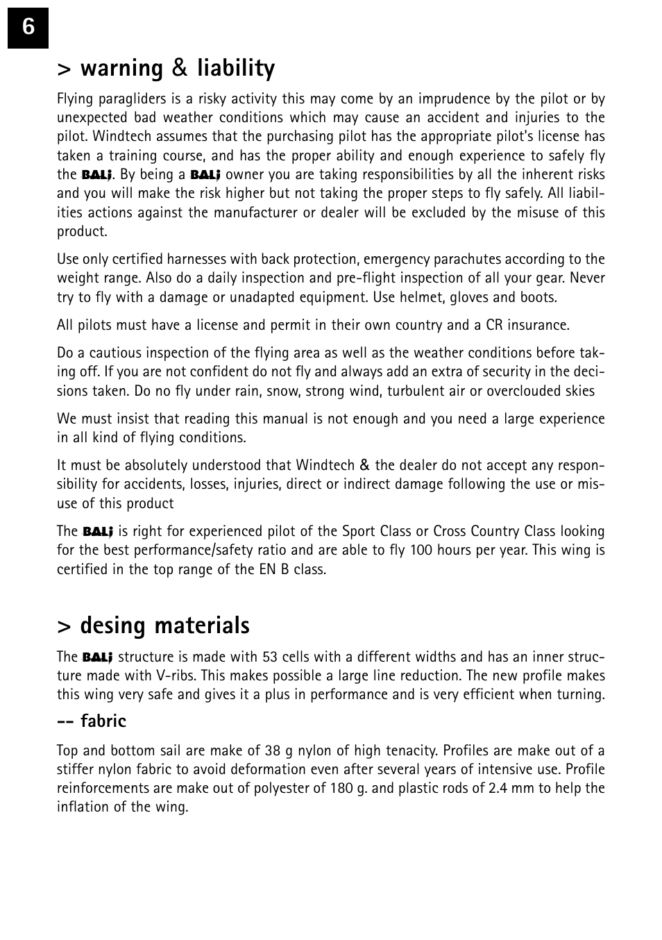 6> warning & liability, Desing materials | Windtech bali User Manual | Page 6 / 32