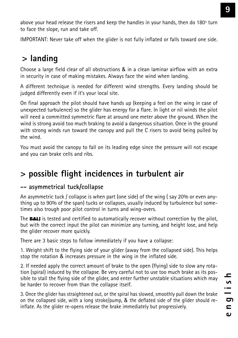 Landing, Possible flight incidences in turbulent air | Windtech bali User Manual | Page 9 / 32