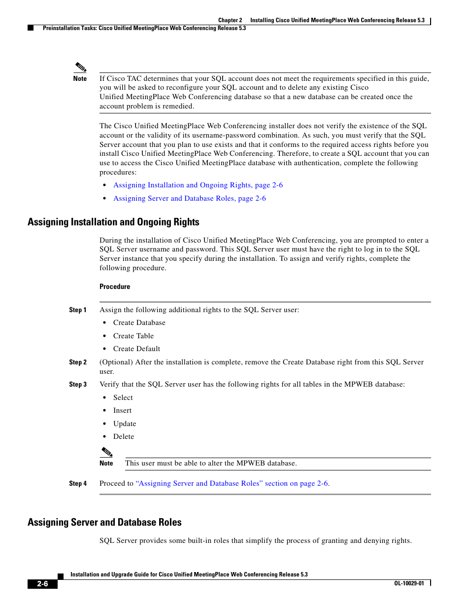 Assigning installation and ongoing rights, Assigning server and database roles | Cisco Conference Phone User Manual | Page 24 / 82